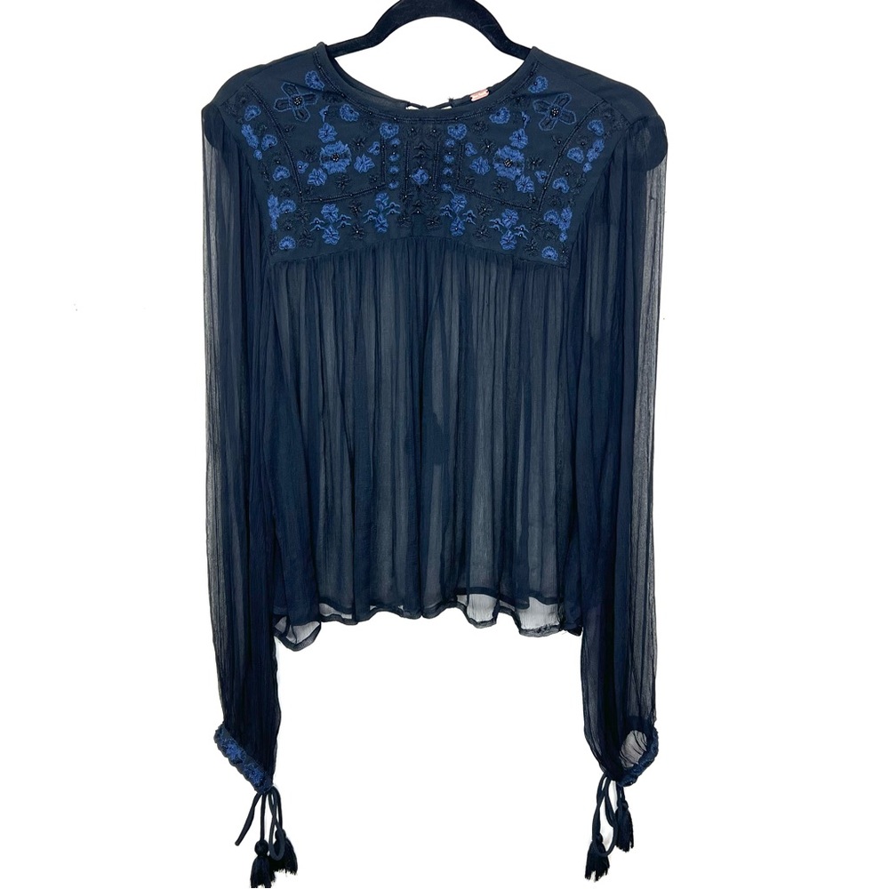 Free People Retro Femme Blouse Embroidered Beaded Black Sheer Size XS
